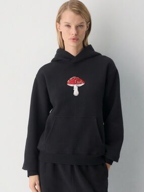ARITZIA TNA Black Hoodie with Red Mushroom Graphic Size Small